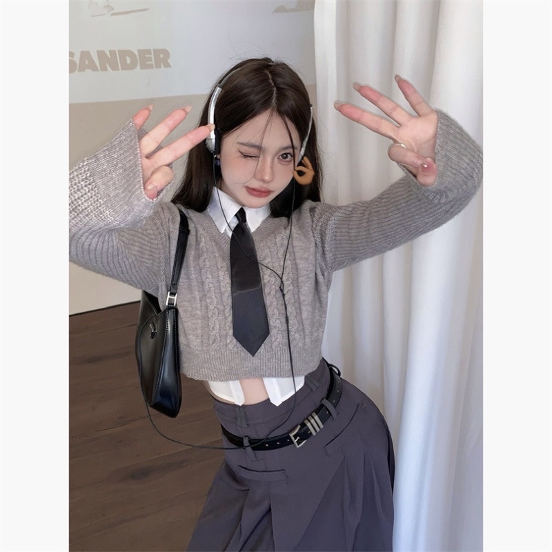 Set bộ đồng phục phong cách y2k áo sơ mi cà vạt + áo len croptop + chân váy dáng dài
