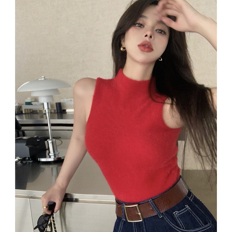 Áo Dệt Kim Sát Nách Cổ Cao Thời Trang Mùa Thu Quyến Rũ