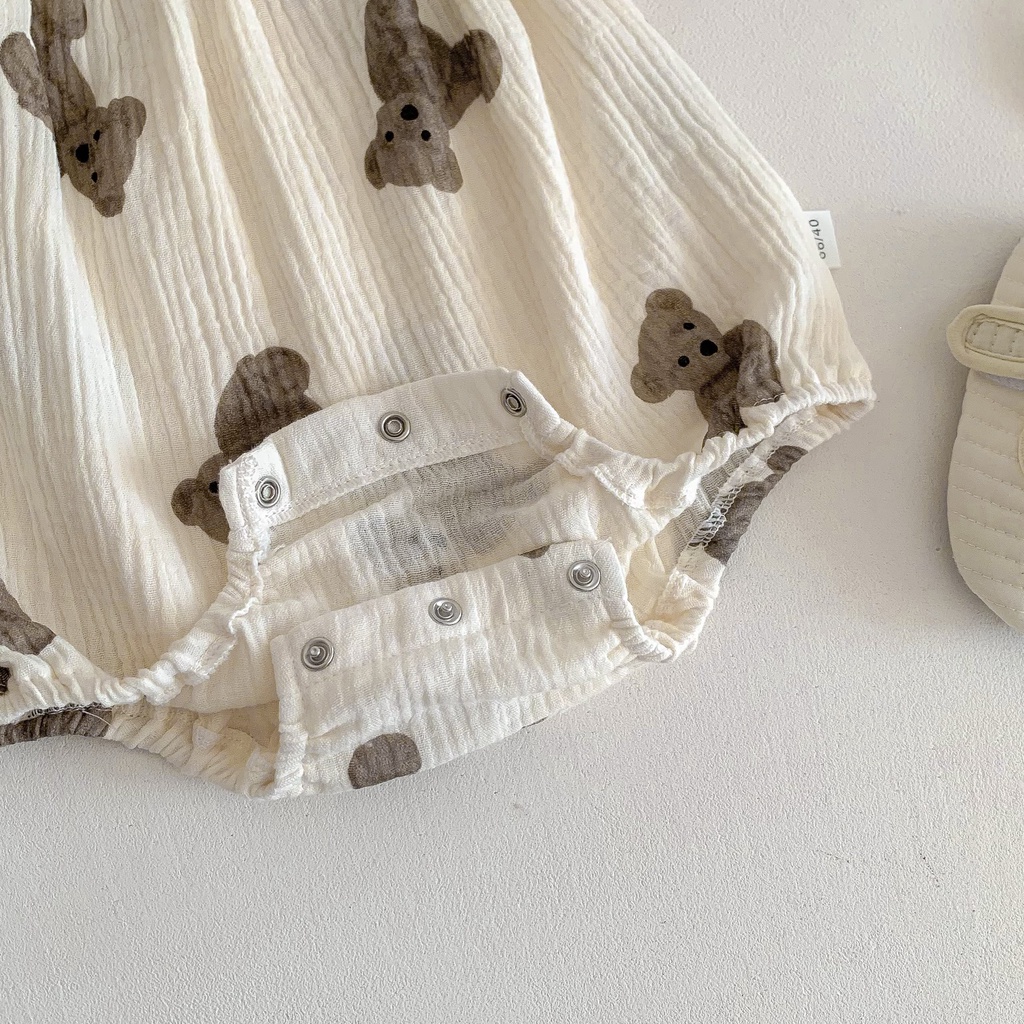 Bộ Áo Liền Quần Hai Dây Vải Cotton In Hình Gấu Dễ Thương Kèm Nón Dành Cho Bé