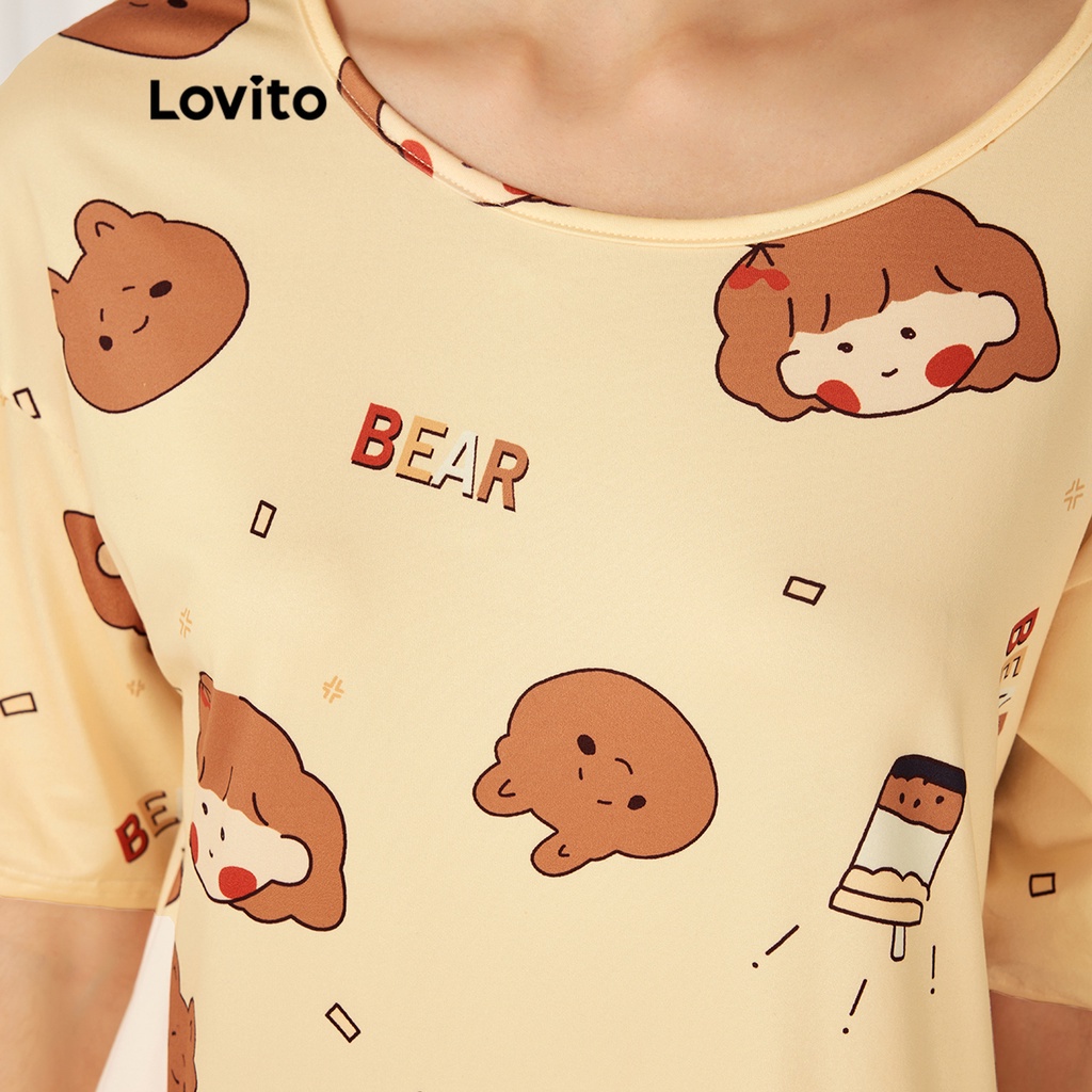 Bộ đồ ngủ Lovito dáng rộng cổ tròn kiểu mặc chui đầu họa tiết hoạt hình xinh xắn cơ bản L23AD107 (màu vàng)