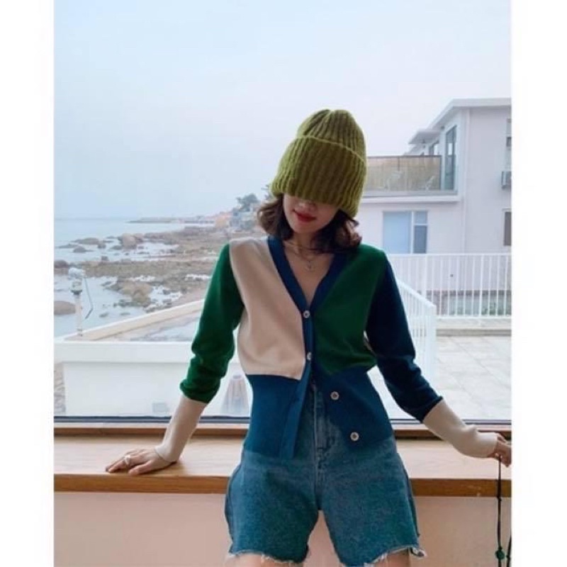 Áo cardigan len tay dài kiểu nữ hai màu viền mùa đông - Order taobao quảng châu