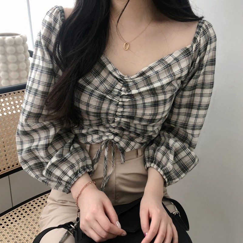 Áo kiểu tay dài cổ chữ V thiết kế dây rút thanh lịch | BigBuy360 - bigbuy360.vn