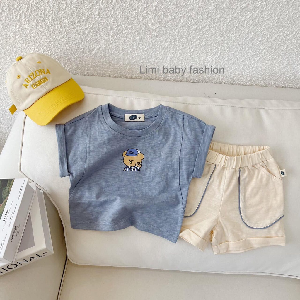 Bộ cotton xước cộc in gấu Limi cho bé