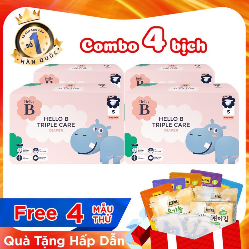 [HTN86]  TÃ DÁN HELLO B HÀN QUỐC Size S34/M30/L26/XXL22 + Tặng bánh ăn dặm + Rong biển rắc cơm + 4 tã mẫu