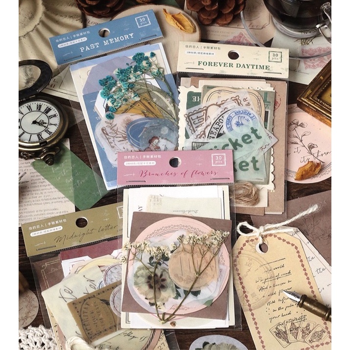 set 30 món cỡ nhỏ vintage cổ điển trang trí sổ bullet journal phụ kiện decor chụp ảnh winzige