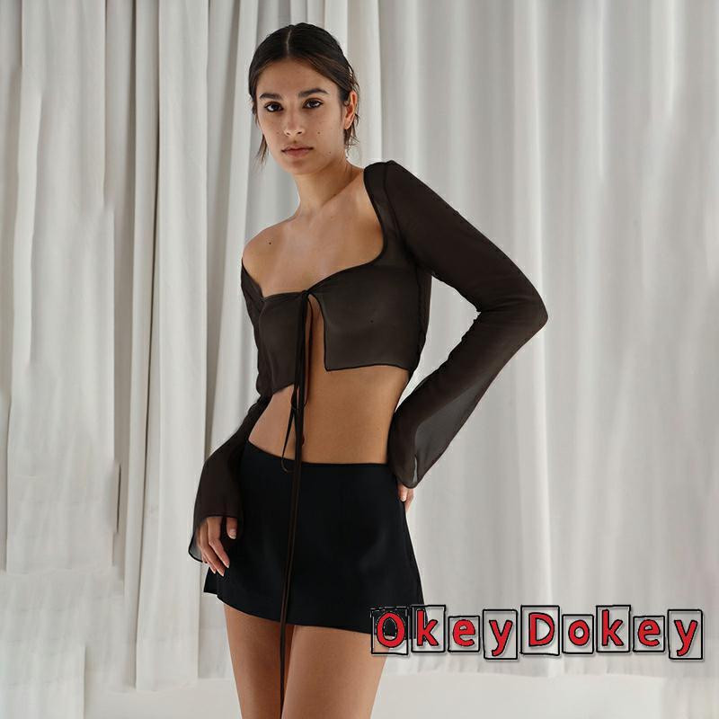 Áo Thun Crop Top Tay Dài Màu Trơn Vải Lưới Mỏng Buộc Dây Thời Trang Cho Bạn Gái