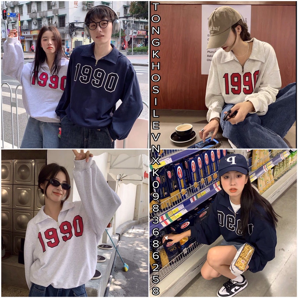 Áo Nỉ Cổ Cao 1990 Xám Xanh Khóa Kéo  Áo Sweater Nữ Polo Có Cổ form rộng tay bồng vintage, hoodie zip Ulzzang Mặc 2 Kiểu