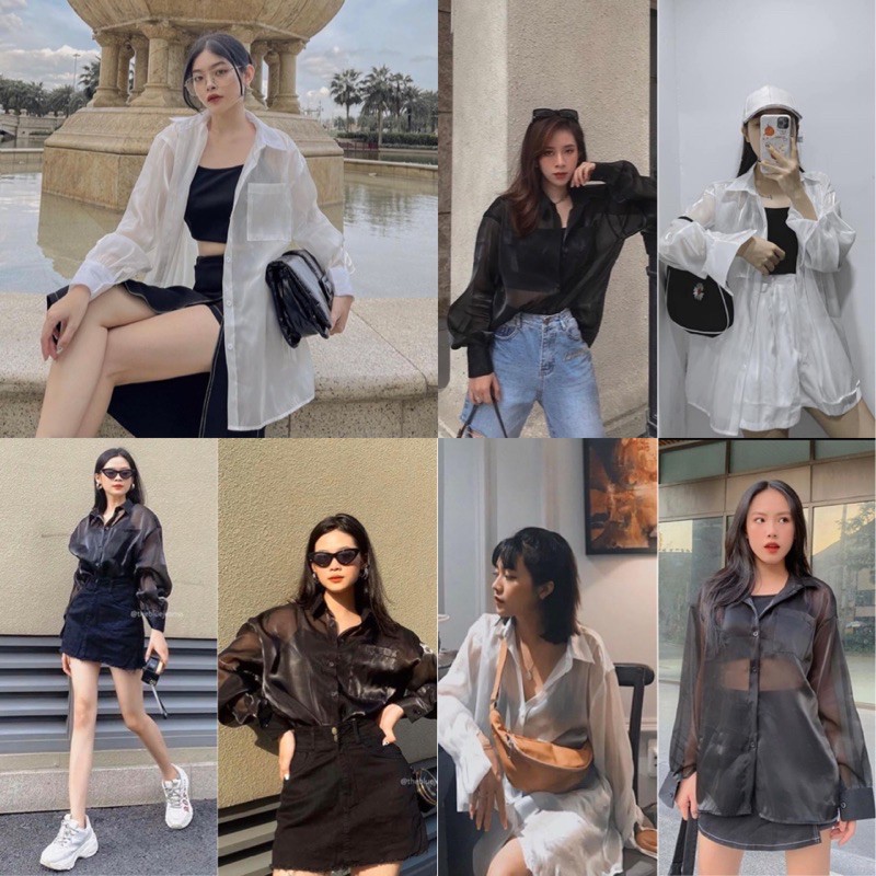Set Áo ORGANZA SET gồm áo sơ mi trong vải organza cao cấp ko nhăn form rộng oversize + áo hai dây chất liệu thun gân