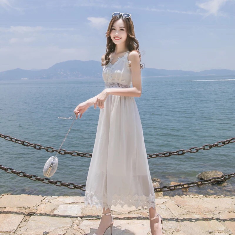 Jumpsuit Dài Hai Dây Ullzang Đồ Bay Nhún Ren Trắng Du lịch Hàn Quốc Retro Maxi Đơn Giản VFSJT210219