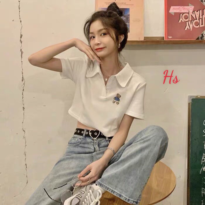 Áo Polo Croptop In Hình Gấu Dễ Thương và cá tính