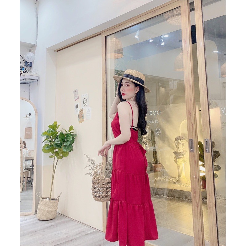 Đầm đi biển-Váy MAXI chất đũi 3 tầng dây điều chỉnh-có dây buộc sau(ảnh thật shop chụp)