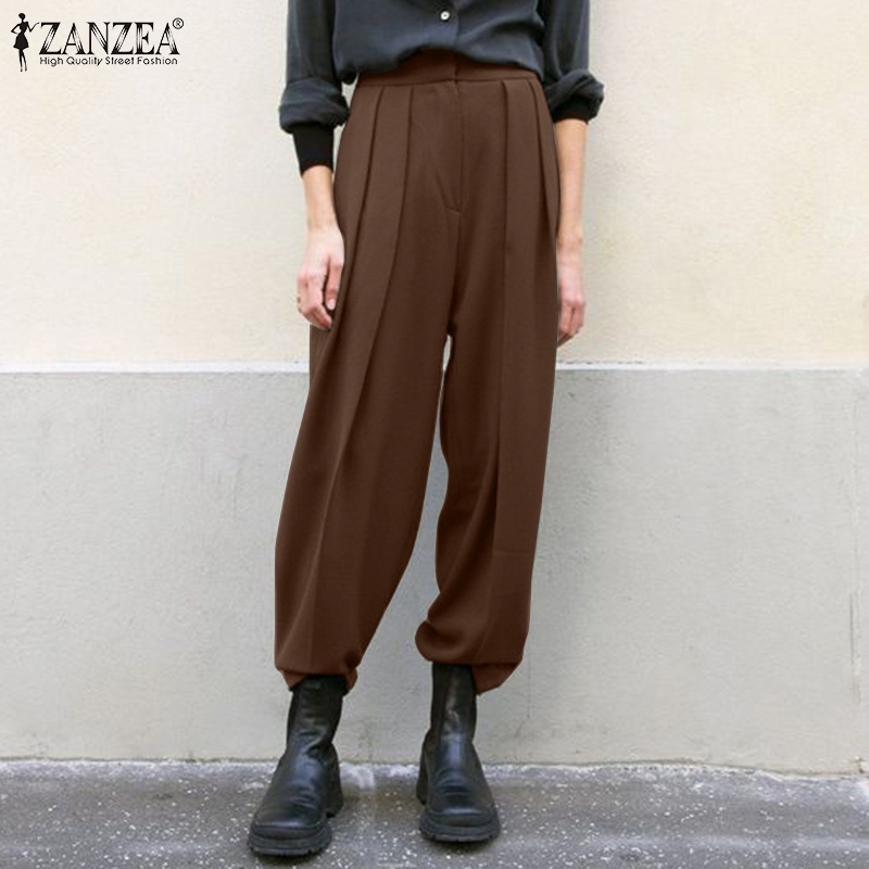 Quần dài ZANZEA lưng thun có túi màu trơn phong cách retro thời trang cho nữ