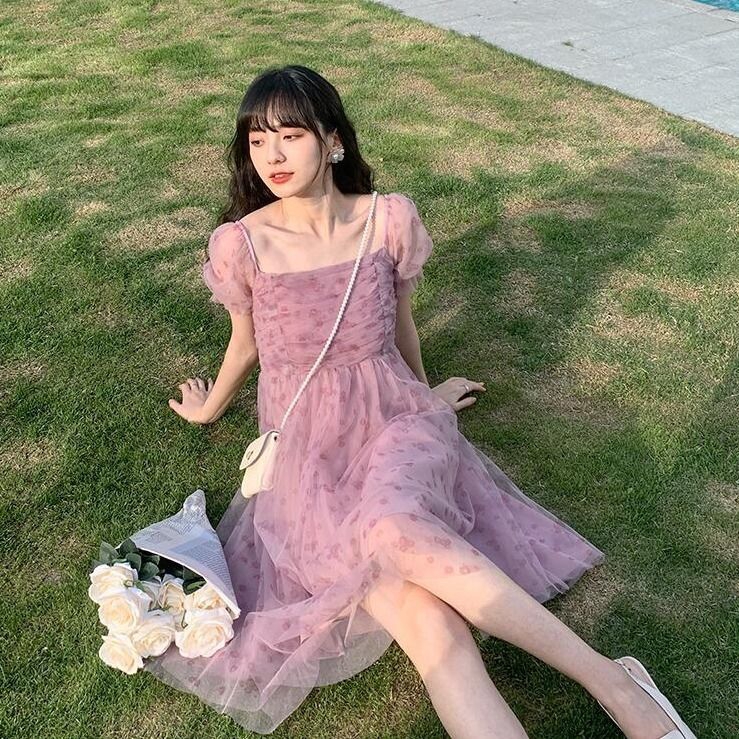 Women Pink Floral Mesh Dress Summer Short-sleeved A-line Dress