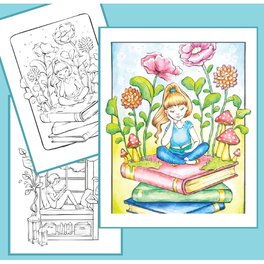 Bộ tranh tô màu nước Ggirl and book
