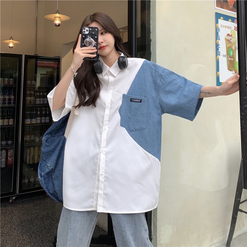 「 WELOVE1 」Áo sơ mi tay ngắn dáng rộng tùy chọn màu sắc phong cách retro Mỹ thời trang dành cho nữ