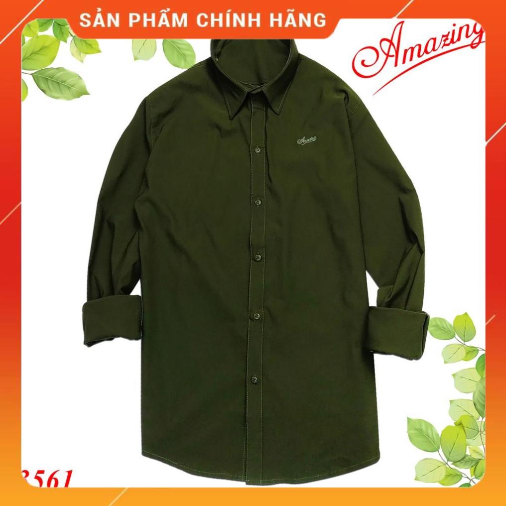 Hàng Chuẩn Áo sơ mi nam kiểu Hàn, màu xanh rêu lính, vải co giãn 4 chiều, form dáng ôm gọn, thương hiệu Amazing