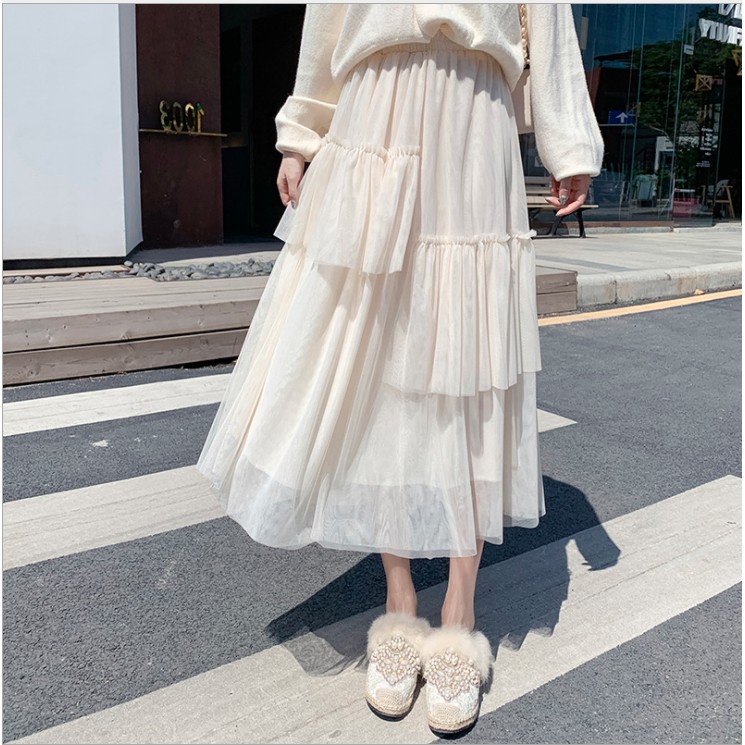 Chân váy dài voan xếp ly màu trắng, đen midi Vintage freesize 79cm 42~62kg, chân váy xếp ly dài công sở | BigBuy360 - bigbuy360.vn