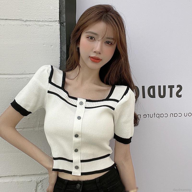 Áo Phông Áo Thun Áo Croptop Dệt Kim Tay Ngắn Cổ Vuông Kiểu Pháp Cổ Điển Phong Cách Mùa Hè Năng Động Dành Cho Nữ