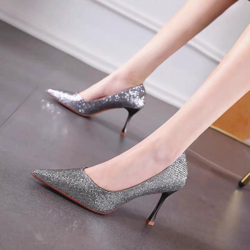 Giày thời trang nữ QC❤️FREESHIP❤️ Giày công sở cao gót mũi nhọn sequin lấp lánh nổi bật đế 9cm 1103-01