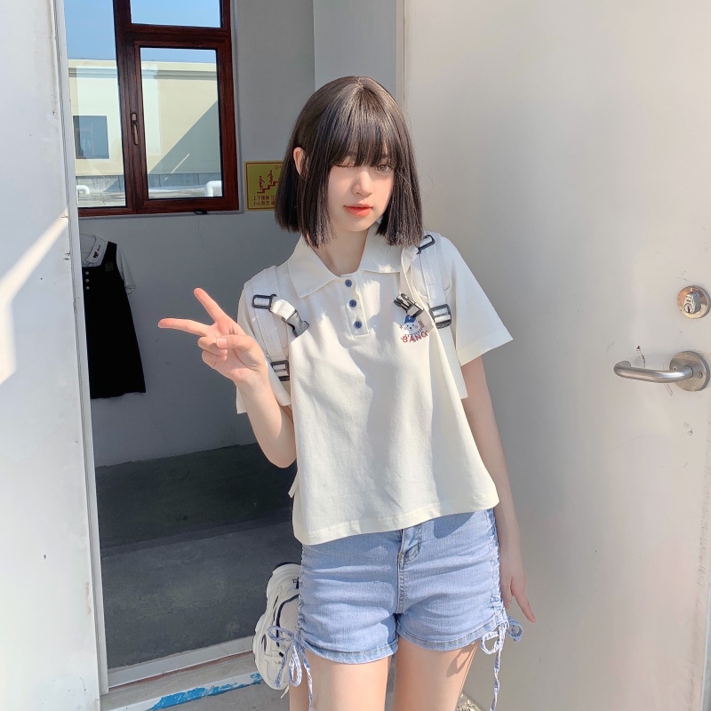 Áo polo PEWARN tay ngắn dáng rộng phong cách Hàn Quốc thời trang mùa hè dành cho nữ