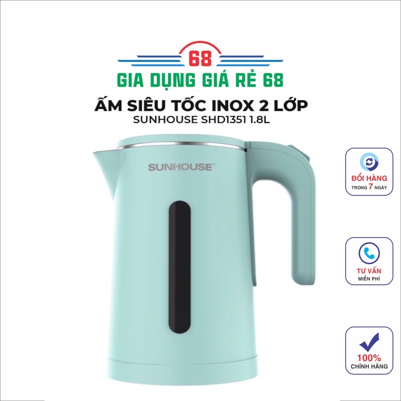 Ấm siêu tốc, bình đun siêu tốc Sunhouse inox 2 lớp, dung tích 1,8 lit, SHD1351