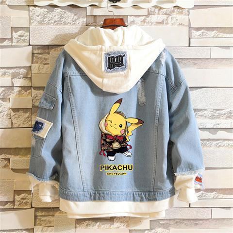Áo Khoác Denim Có Mũ Trùm Đầu Hoạ Tiết Pikachu Phong Cách Thời Trang Harajuku Cho Cặp Đôi