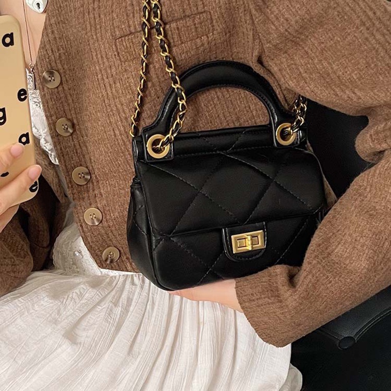 Túi xách IELGY nhỏ đeo chéo vai có khóa phối dây xích và họa tiết hình thoi sang trọng cho nữ