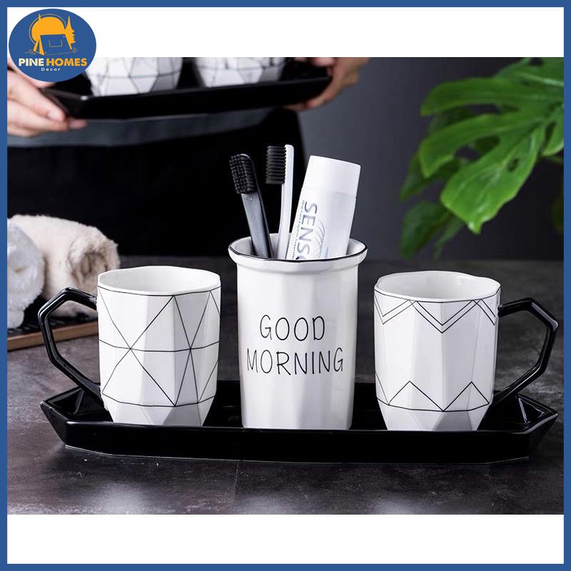 (HÀNG CÓ SẴN) Bộ Cốc Đánh Răng Gốm Sứ Goodmorning Màu Trắng Kèm Khay Hiện Đại