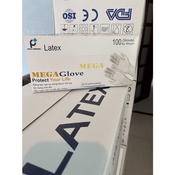 hộp 100 cái bao tay y tế latex khám bệnh ,không bột mega glove , màu trắng , size XS ,s ,m,L,XL