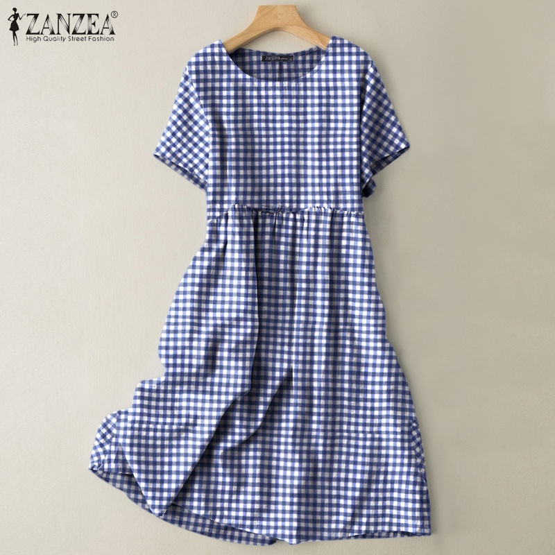 Đầm nữ ZANZEA ngắn tay cổ tròn form rộng họa tiết ca rô thời trang