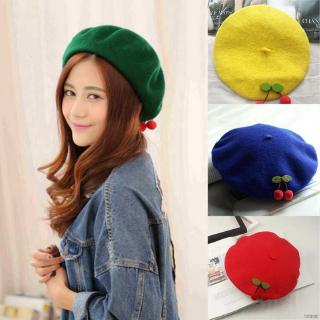 Mũ nồi beret đính quả cherry phong cách vintage