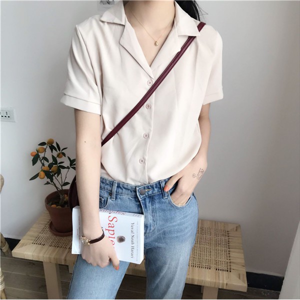 Áo Sơ Mi Chiffon Tay Ngắn Dáng Ôm Kiểu Vintage Hàn Quốc Thời Trang Mùa Hè Cho Nữ