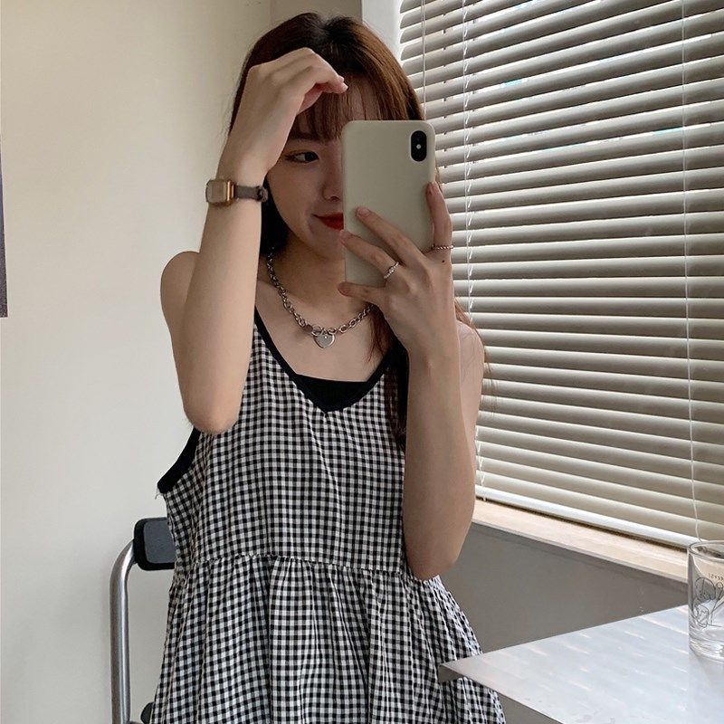 Đầm Nữ Cổ Chữ V Eo Thắt Dây Sọc Caro Thời Trang