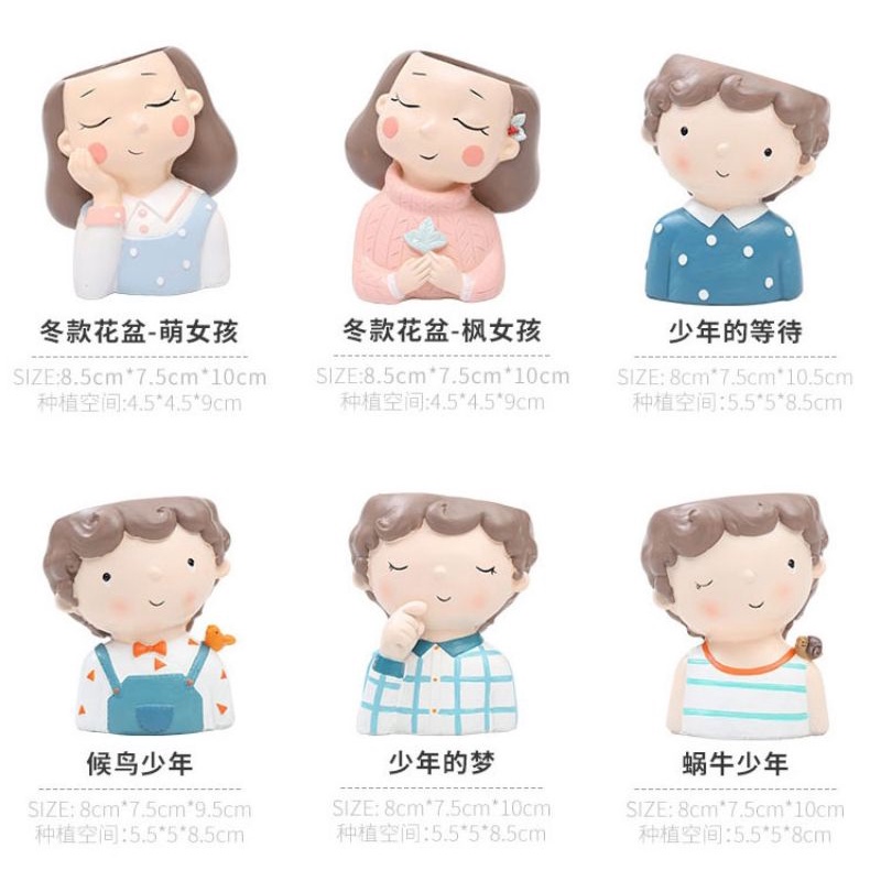 Chậu gốm trồng sen đá xương rồng, cây mini.. - Chậu hình người cô gái, chàng trai siêu dễ thương