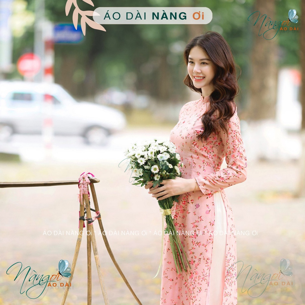 Áo dài hoa nhí hồng 4 tà truyền thống Tiệm 90 may sẵn vải áo dài lụa tơ ép dự tiệc lễ tết đẹp AD90035