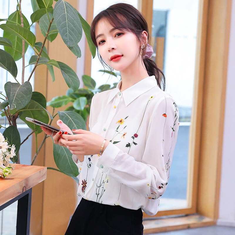 Áo sơ mi nữ dài tay phối hoa lá mẫu SMH45 Thời trang nữ thanh lịch Chất kate mềm không nhăn không phai màu