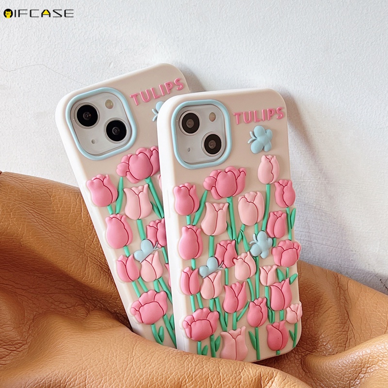 Ốp Điện Thoại Silicone Mềm Họa Tiết Hoa Tulip 3D Đơn Giản Cho iPhone 14 Plus 14 Pro Max