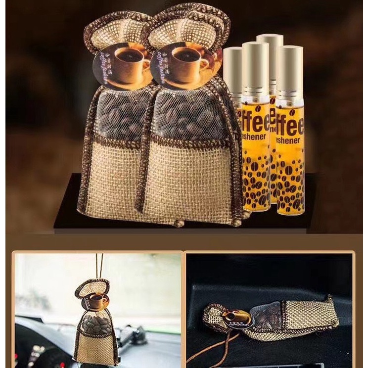 Túi Thơm Khử Mùi Oto Cà Phê - Túi Café Treo Xe Hơi Kèm Lọ Tinh Dầu, Khử Mùi Hiệu Quả, An Toàn Khi Đi Xe Hơi