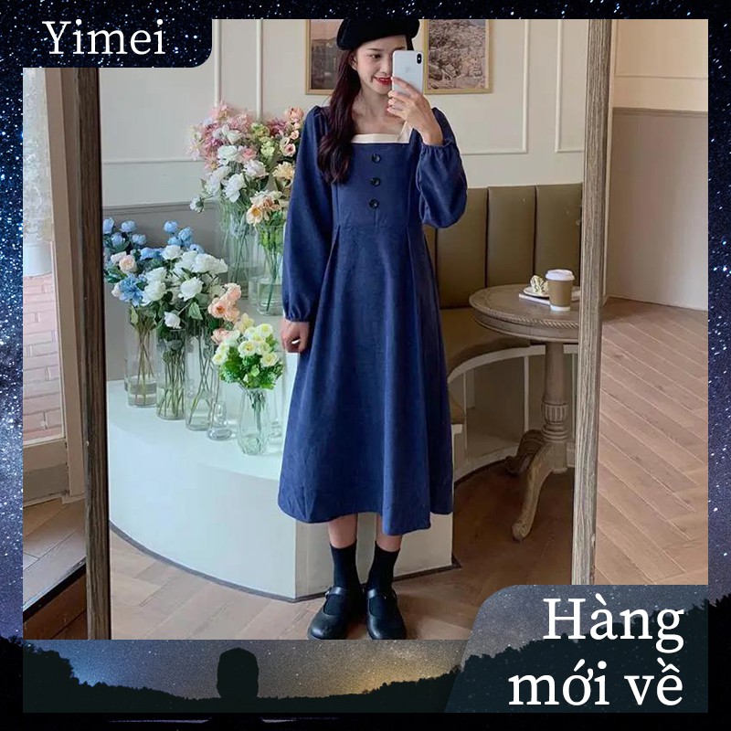 ⭐0412⭐ Korean style square neck long sleeve midi dress