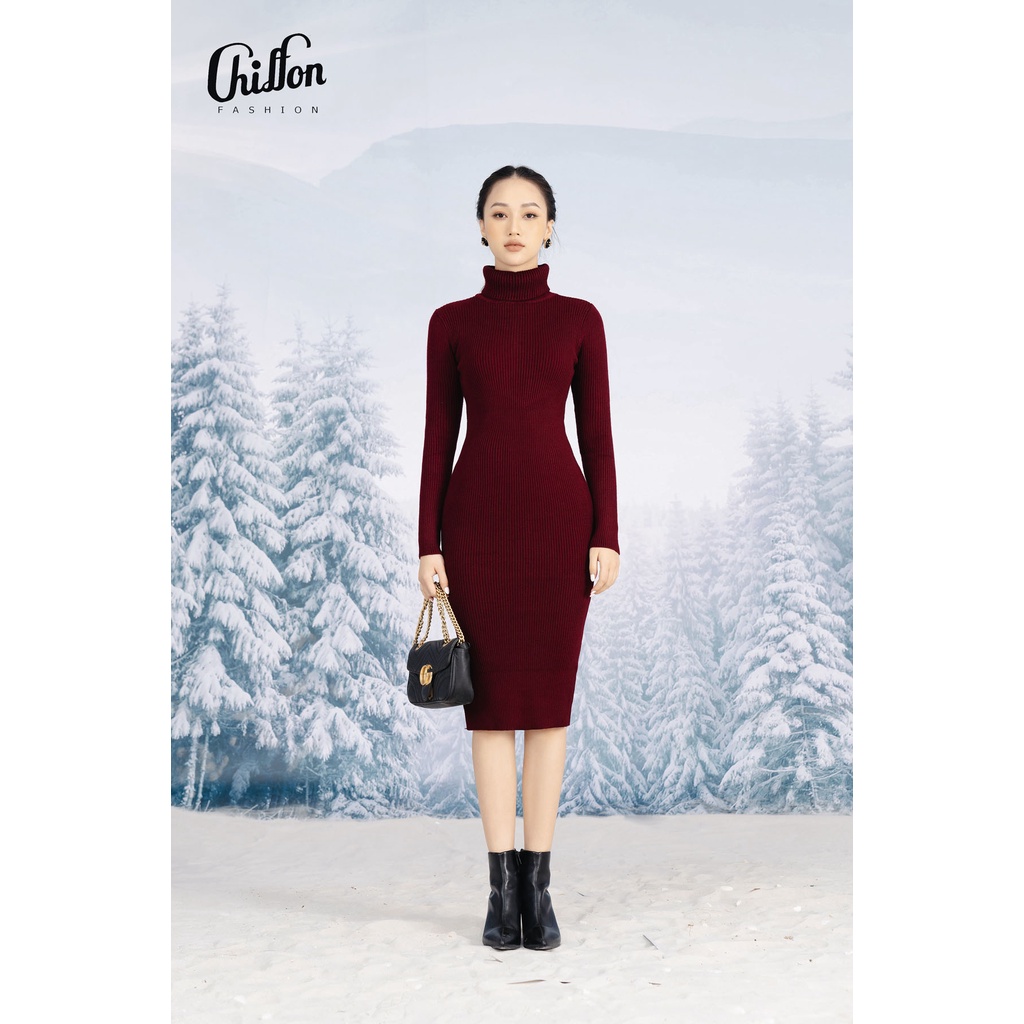 Váy len dáng dài cổ lọ xẻ 1 bên thiết kế Chiffon. Đầm len dài tay cổ cao | BigBuy360 - bigbuy360.vn