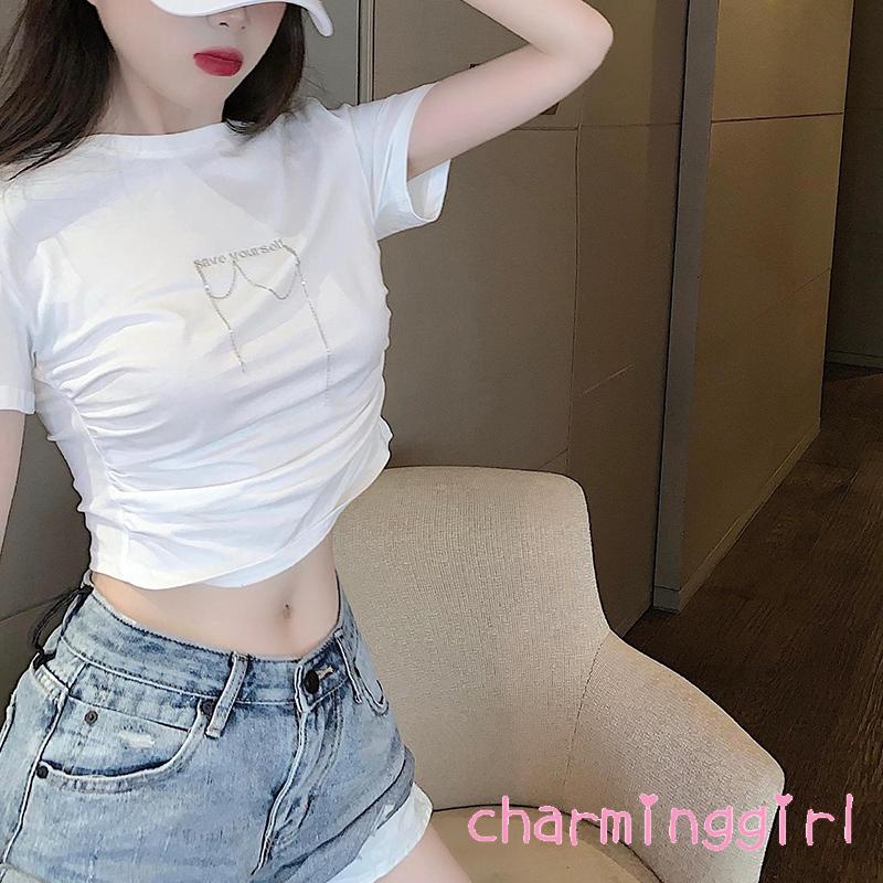 Áo Thun Ngắn Tay In Chữ Đính Đá Thời Trang Cho Nữ