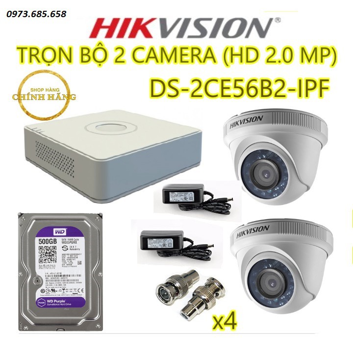 Bộ 2 Camera Hikvision 2M + Đầu ghi + Ổ cứng 500 GB chính hãng bảo hảnh 2 năm đầy đủ phụ kiện lắp ráp