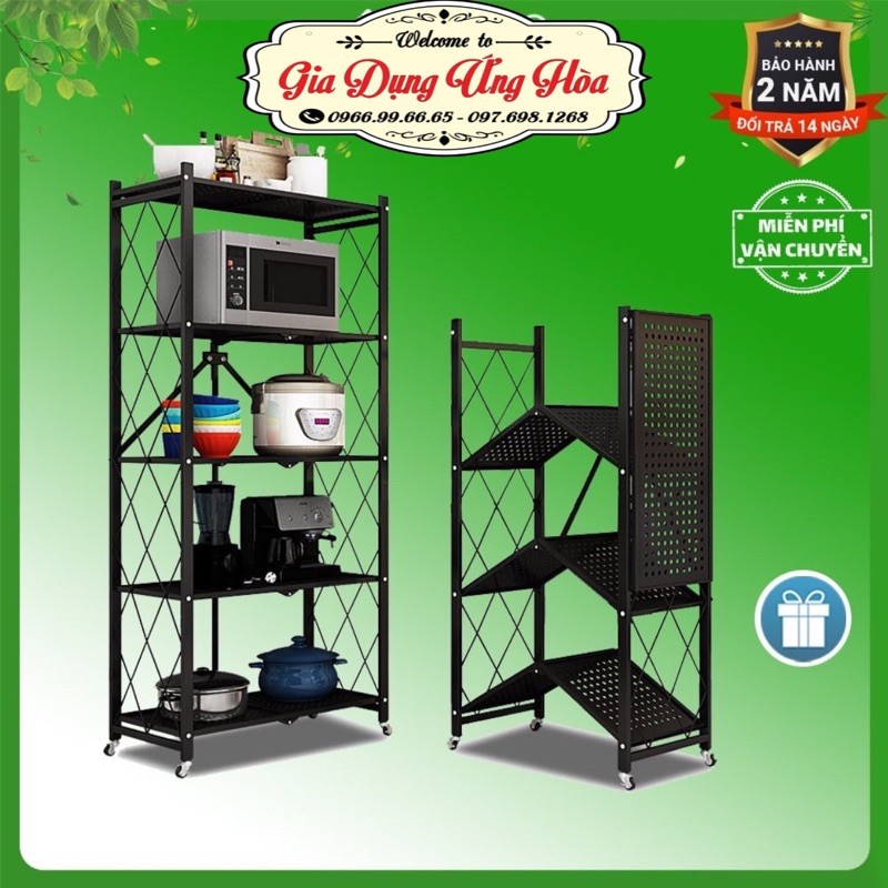 Kệ đa năng gập gọn thông minh 3/4/5 tầng để đồ nhà bếp bằng thép carbon không gỉ kèm bánh xe tiện lợi