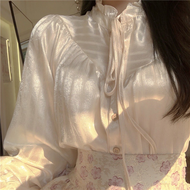 Set áo sơ mi lụa bèo + chân váy gấm xoè hoa nhí tiểu thư cao cấp QCL1 siêu xinh ❤️
