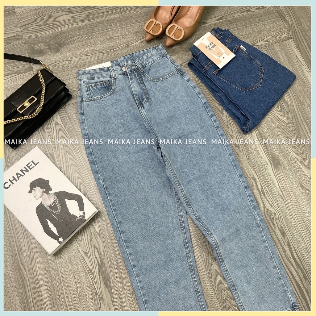 (Hình ảnh thật shop tự chụp) Quần Jean Baggy TRơn Nữ Lưng Cao Tôn Dáng Lai Cuôn Shop Maika Jeans