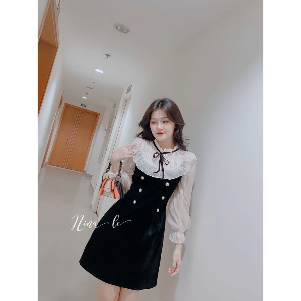 Đầm váy cổ tàu xếp ly dài tay sang trọng, phối nút cài nơ thời trang nữ đi chơi, dự tiệc