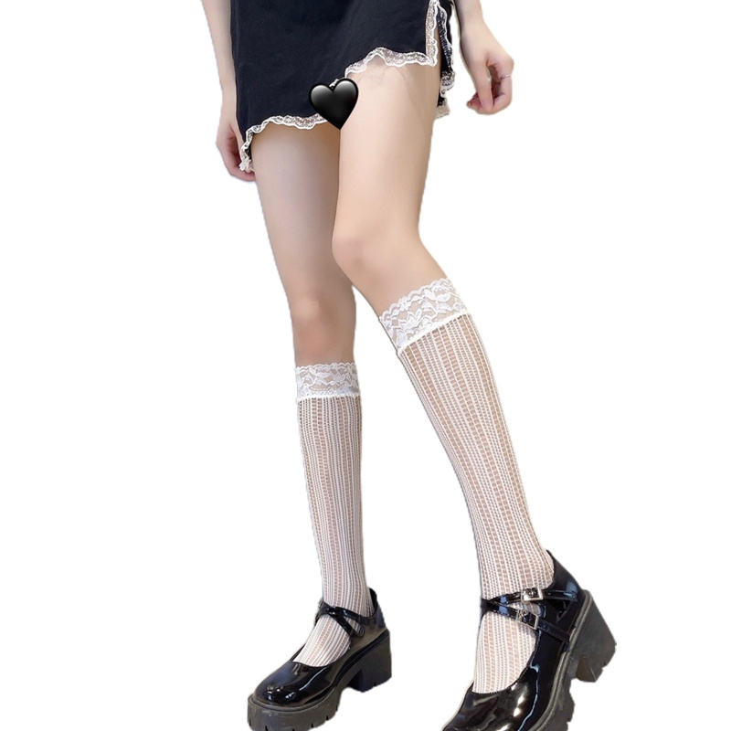 Xiangbao Vớ Ống Cao Ngang Bắp Chân Phối Ren Lưới Kẻ Sọc Trái Tim Ghép Nối Kiểu Lolita Nhật Bản Cho Nữ Có Sẵn