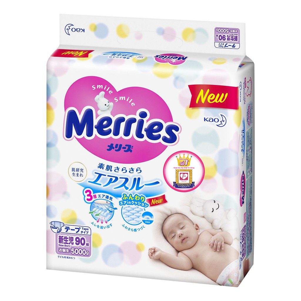 Bỉm / Tã dán Merries Newborn 90 miếng cho bé dưới 5kg