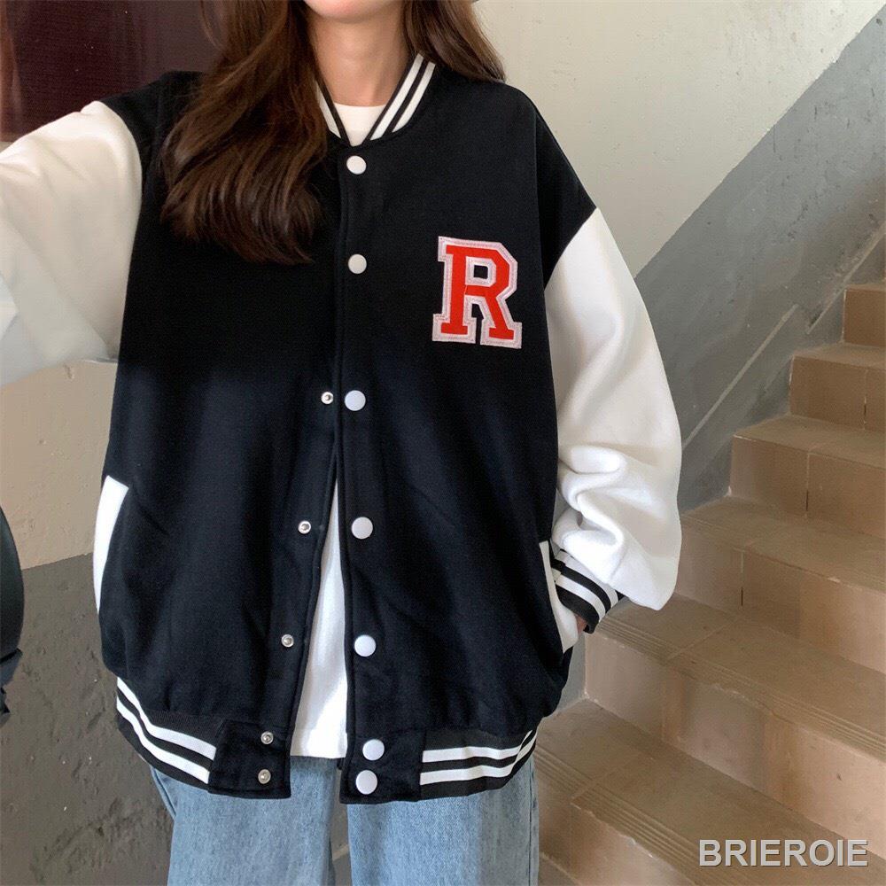 ﹊Áo bomber nam nữ phối tay họa tiết chữ R phom rộng unisex | BigBuy360 - bigbuy360.vn