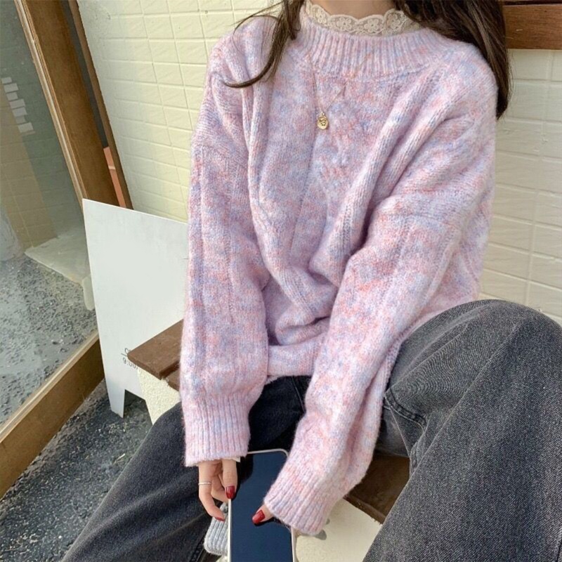 Áo Sweater Dệt Kim Tay Dài Cổ Tròn Dáng Rộng Phong Cách Harajuku Thời Trang Mùa Thu Cho Nữ
